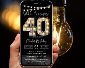 Verrassing 40e verjaardagsuitnodiging voor mannen veertig uitnodigen voor volwassenen Telefoon uitnodiging rustieke Shhh Het is een verrassing uitnodigen digitale uitnodiging voor hem