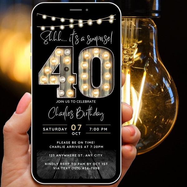 Invitation surprise du 40e anniversaire pour les hommes Quarante inviter pour les adultes Invitation par téléphone Rustic Shhh C'est une invitation surprise Invite numérique pour lui