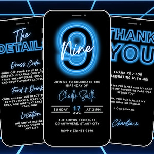 Modèle animé d'invitation de 9e anniversaire pour garçons, néon d'invitation de fête du 9e anniversaire, neuvième fête numérique Evite, itinéraire et carte virtuelle de remerciement