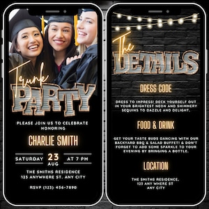 Digital Graduation Trunk Party Invite, Animated Gold College Send Off Party Invitation add your own Photo, Going Away Grad Farewell