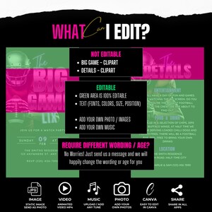 May include: A customizable invitation template for a football watch party. The template features a green and pink color scheme with football imagery. The text on the template reads "The Big Game LIX" and includes details about the party, such as the date, time, and location. The template also includes a section for editable text, photos, and music.