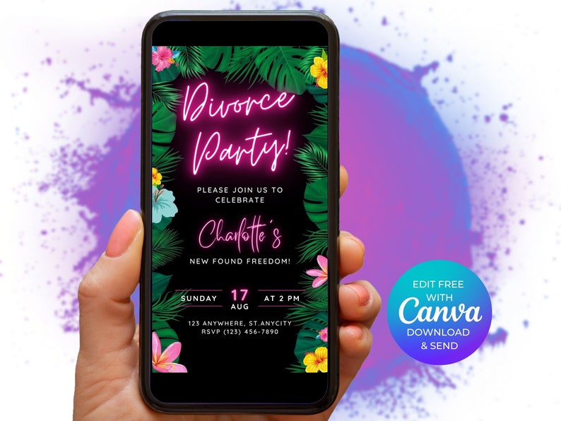 Op de afbeelding: Een digitale uitnodiging voor een scheidingsparty met een tropisch thema. De uitnodiging heeft een zwarte achtergrond met neonroze tekst die "Divorce Party!" en "Charlotte's New Found Freedom!" luidt. De uitnodiging heeft ook een tropische bladrand en bloemen.