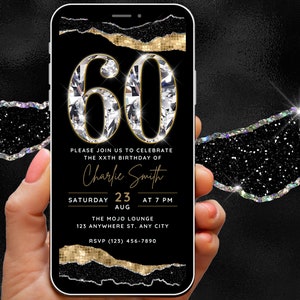 Black and Gold 60th Birthday Invite for Women, Digital Diamond 60th Birthday Invitation 60, Luxury Sixty Evite Custom Mobile iPhone Invite