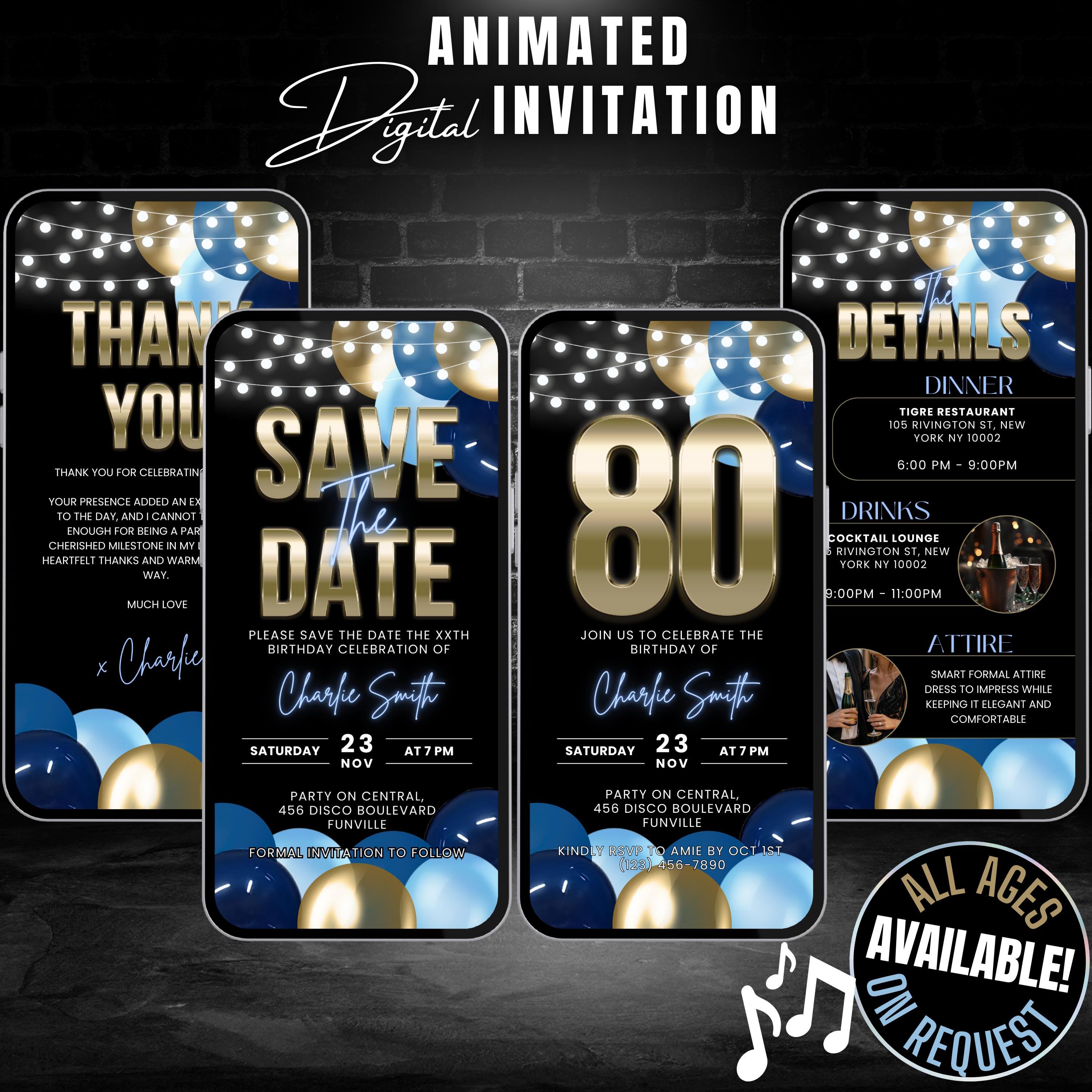 Digital 80th Birthday Save The Date Invitation Template, Editable Animated Blue & Gold Themed 80th Birthday Dinner and Drinks Phone Invite