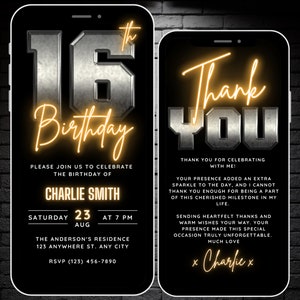 Digital 16th Birthday Invitation for Boys 16 Invite Flyer, Neon Metal Sixteen Party Invite for Him, Editable Thank You eCard Canva Template