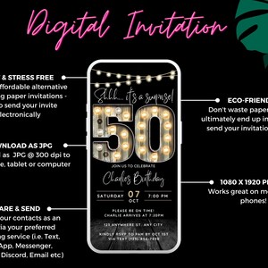 May include: Digital invitation displayed on a smartphone screen. The design features a large illuminated "50" with string lights, and the text "Shhh... it's a surprise!" and "Join us to celebrate Charlie's Birthday". The invitation is designed to be sent via text.