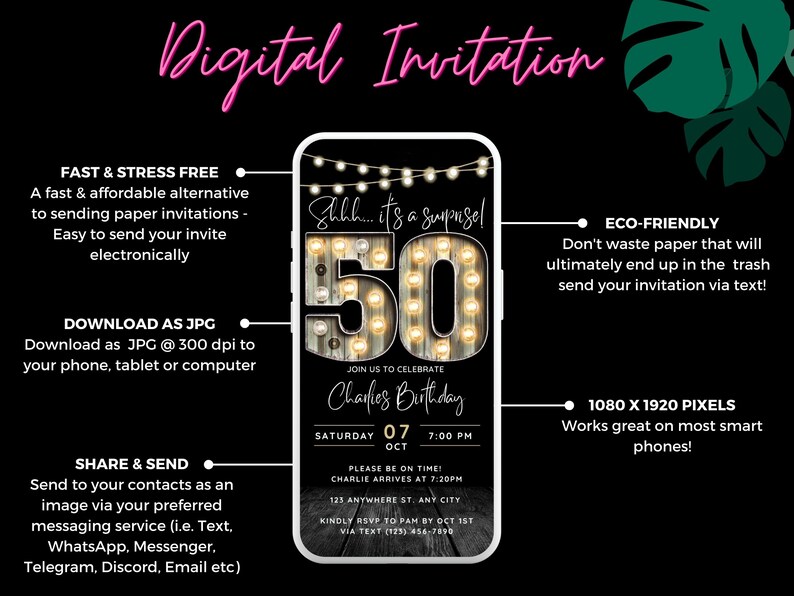 May include: Digital invitation displayed on a smartphone screen. The design features a large illuminated "50" with string lights, and the text "Shhh... it's a surprise!" and "Join us to celebrate Charlie's Birthday". The invitation is designed to be sent via text.