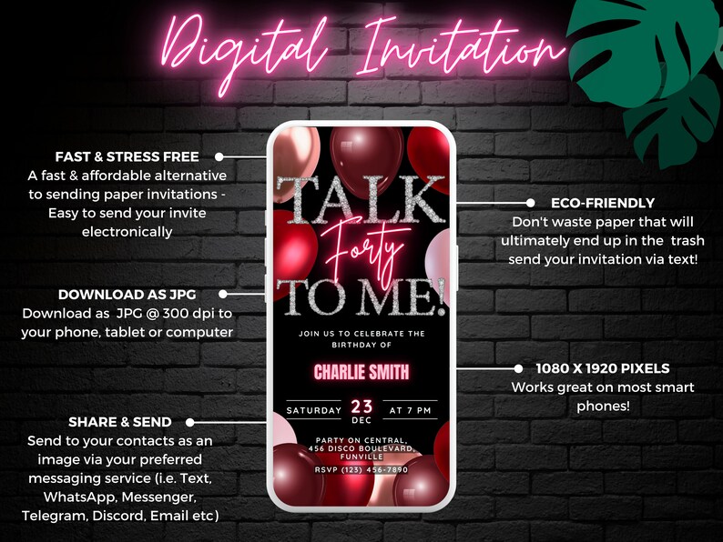 Talk Forty to Me Womens 40th Birthday Digital Invitation Template ...