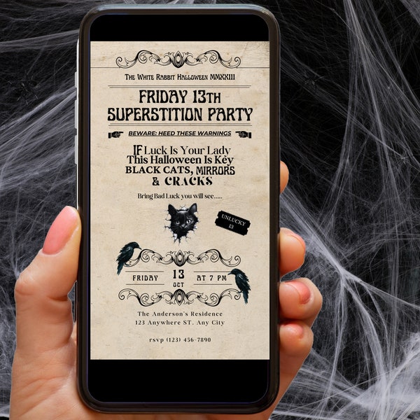 Friday the 13th Superstition Party Invitation, Superstition Party Invite, Spooky Vintage Halloween Invitation Digital Template Gothic Evite