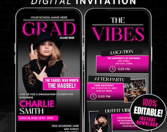 Digital Graduation Invitation Itinerary Template, Editable College Announcement Flyer, Grad Party Invite, Photo Graduation Magazine Evite