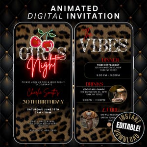 Cheetah Print & Cherry Girls Night Birthday Dinner and Drinks Invitation Template, Animated Red and Gold Jungle Invite Leopard Print Flyer