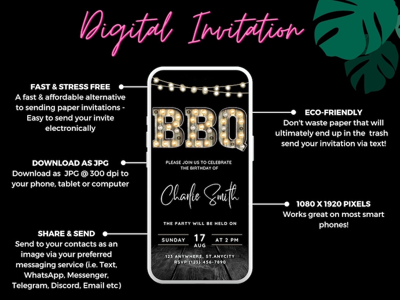 Puede incluir: Una invitaci&oacute;n digital para una fiesta de barbacoa con un fondo de madera en blanco y negro. La invitaci&oacute;n presenta un gran letrero iluminado que dice "BBQ" con luces de cadena. El texto de la invitaci&oacute;n dice "Por favor, &uacute;nase a nosotros para celebrar el cumplea&ntilde;os de Charlie Smith. La fiesta se llevar&aacute; a cabo el domingo 17 de agosto a las 2 PM. 123 Anywhere, St. Anycity. RSVP (123) 456-7890."