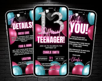 Animated Official Teenager Invite, 13th Birthday Invitation for Girls, Video Invite Digital 13th Bday Party Evite Template & Thank You eCard