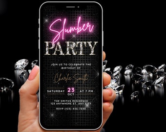 Slumber Party Invitation, Digital Pajama Party Birthday Invitation, Neon Pink Girls Night Pyjama Party Sleepover Invite Template Evite