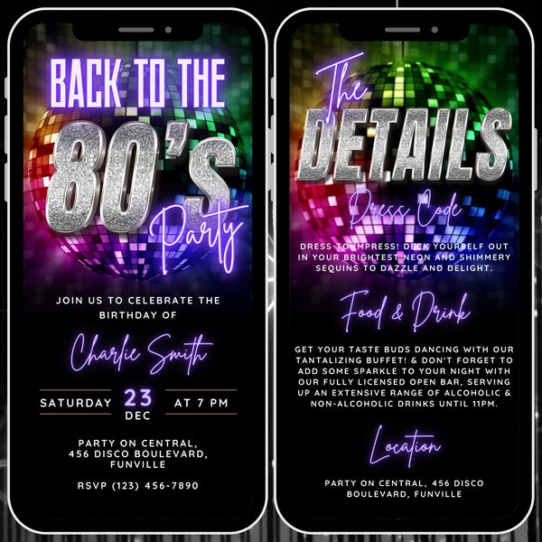 Digital Back to the 80s Party Invite Template, Editable Eighties Disco Birthday Video Invitation, Self Edit Mobile Phone Invitation Suite