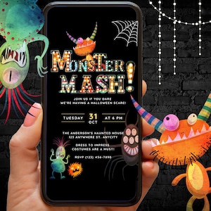 Halloween Invitation for kids Monster Mash Digital Invite, Cute Halloween Birthday Party Invitation, Electronic Virtual Phone Editable Evite