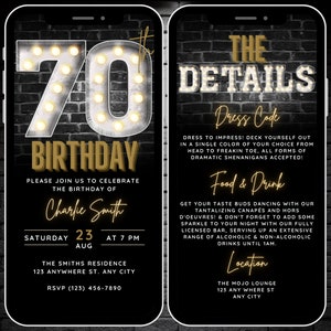 Invitación de cumpleaños número 70 para hombres, plantilla de Canva de invitación de oro negro de invitación digital número 70, invitación y detalles telefónicos de fiesta de setenta días, Evite