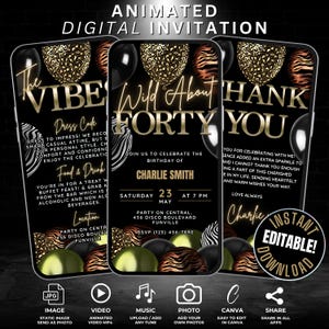 Digital Wild About Forty Birthday Invitation Template, Editable Gold Green Cheetah & Leopard Print Boho Jungle Safari Themed Video Invite