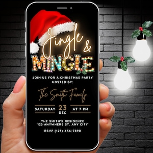Digital Jingle and Mingle Invite Neon Christmas Party Invitation, Santa Hat and Marquee Lights Editable Xmas Invite Rustic Festive Evite
