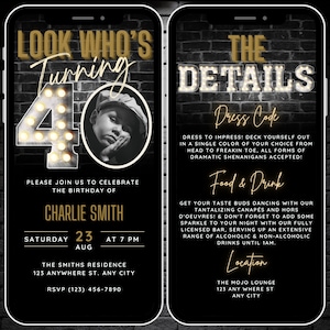 Digital look whos turning 40 invitation for men with a vintage yet modern vibe. Custom with your own details including your own photo.