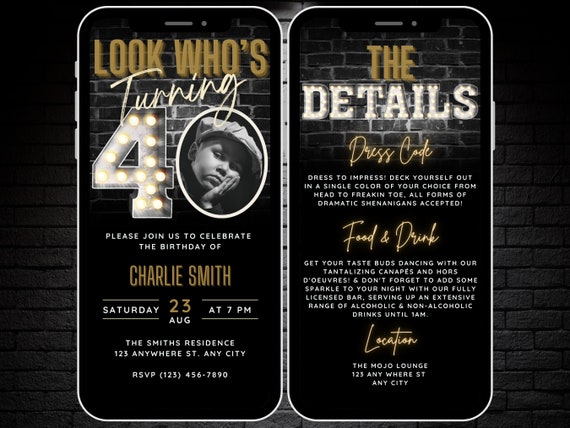 Mens 40th Birthday Invitation with Photo, Look Who's Turning 40, Digital 40th Invite Template, Forty Party Evite, Phone Invite & Details