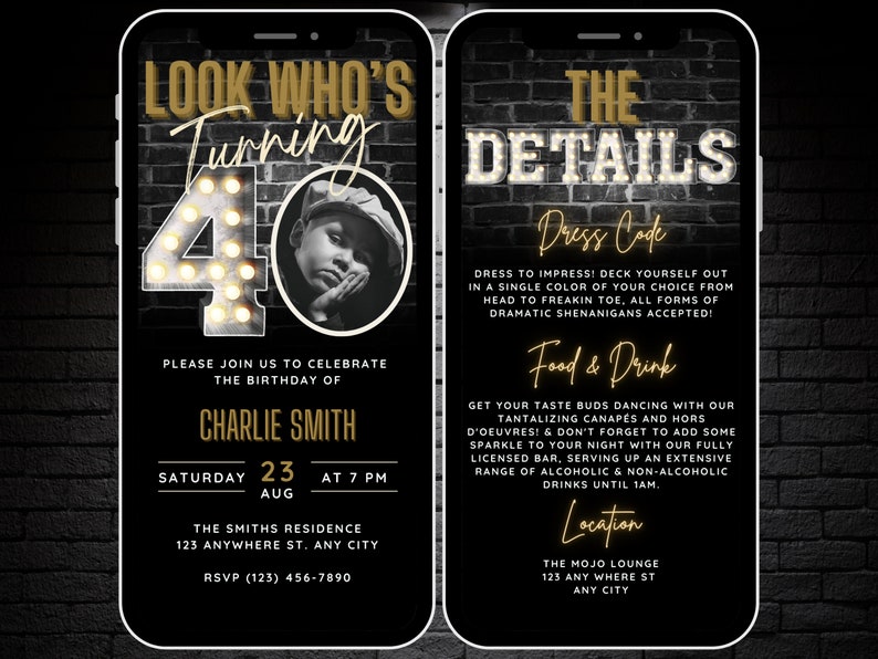 Digital look whos turning 40 invitation for men with a vintage yet modern vibe. Custom with your own details including your own photo.
