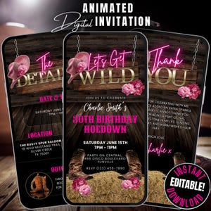 Digital Western Party Invitation Template Cowgirls Birthday Hoedown Video Invite, Editable Boots & Bling Dinner Party Invite Pink Floral