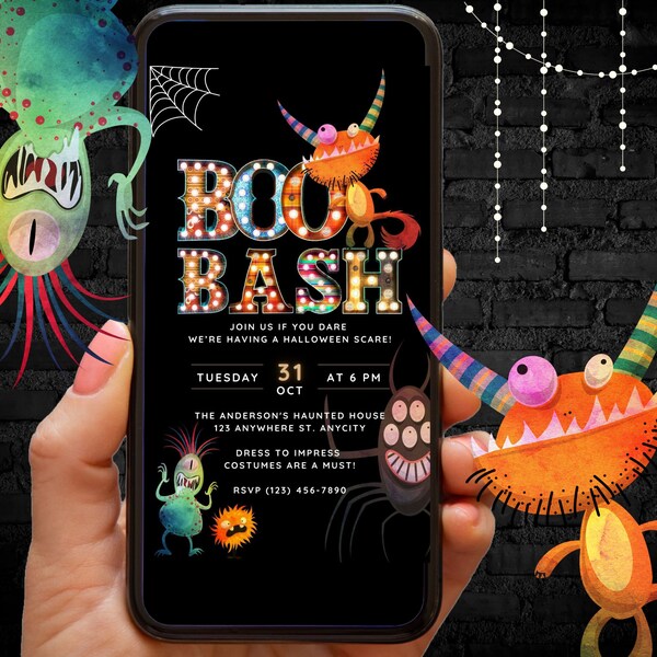 Editable Halloween Invitation for kids Boo Bash Invite Digital Cute Halloween Invite Template, Trick or Treat Virtual Monster Evite Phone