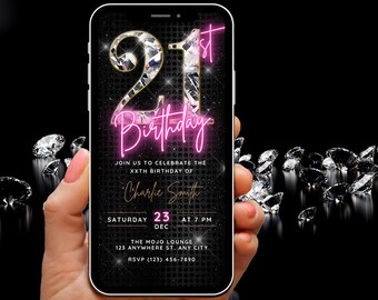 21. Geburtstag Video Einladung für Frauen, Diamant Animierte Invite, Digitale 21. Geburtstagsparty einladen Vorlage, Telefon Twenty One Evite Girl