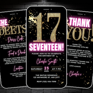 Mädchen animierte 17. Geburtstag Party Einladung, Digital 17 Geburtstag einladen, bearbeitbar Seventeen Evite, Reiseplan & Dankeskarte