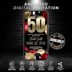 Plantilla digital Canva de invitación en video para el 50.° cumpleaños, globo rojo, negro y dorado editable, invitación para cenar por el 50.° cumpleaños