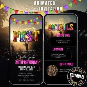 Digitales Festival Geburtstagseinladung animiert, Sommerfest-Geburtstagsweg einladen, Geburtstagsfeier-Festival einladen Coachella Evite