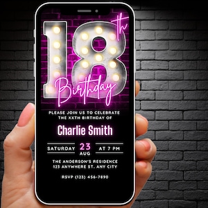Scarica il modello di invito per il 18° compleanno per donne, invito per il 18° compleanno, divertente invito retrò per la festa del 18° compleanno, invito digitale moderno ecard modificabile
