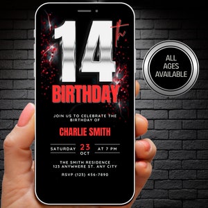 Invitation de 14 ans pour garçons, rouge argenté, 14 ans d'anniversaire d'anniversaire vidéo, modèle de toile en téléchargement numérique modifiable, 14e anniversaire Evite