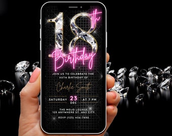 Invito animato per il 18° compleanno per donne, invito video diamante Modello di invito digitale per festa del 18° compleanno, invito telefonico per diciotto anni