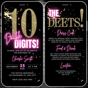 Modèle d'Invitation pour 10e anniversaire de filles, Invitation vidéo numérique 10e anniversaire à deux chiffres avec détails, 10 ans Bday Bash inviter