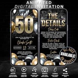 Animierte 50. Geburtstagseinladung Digital, bearbeitbar Silber Schwarz Gold Geburtstagsmeilenstein Fifty Party Einladen mit Details Reiseplan