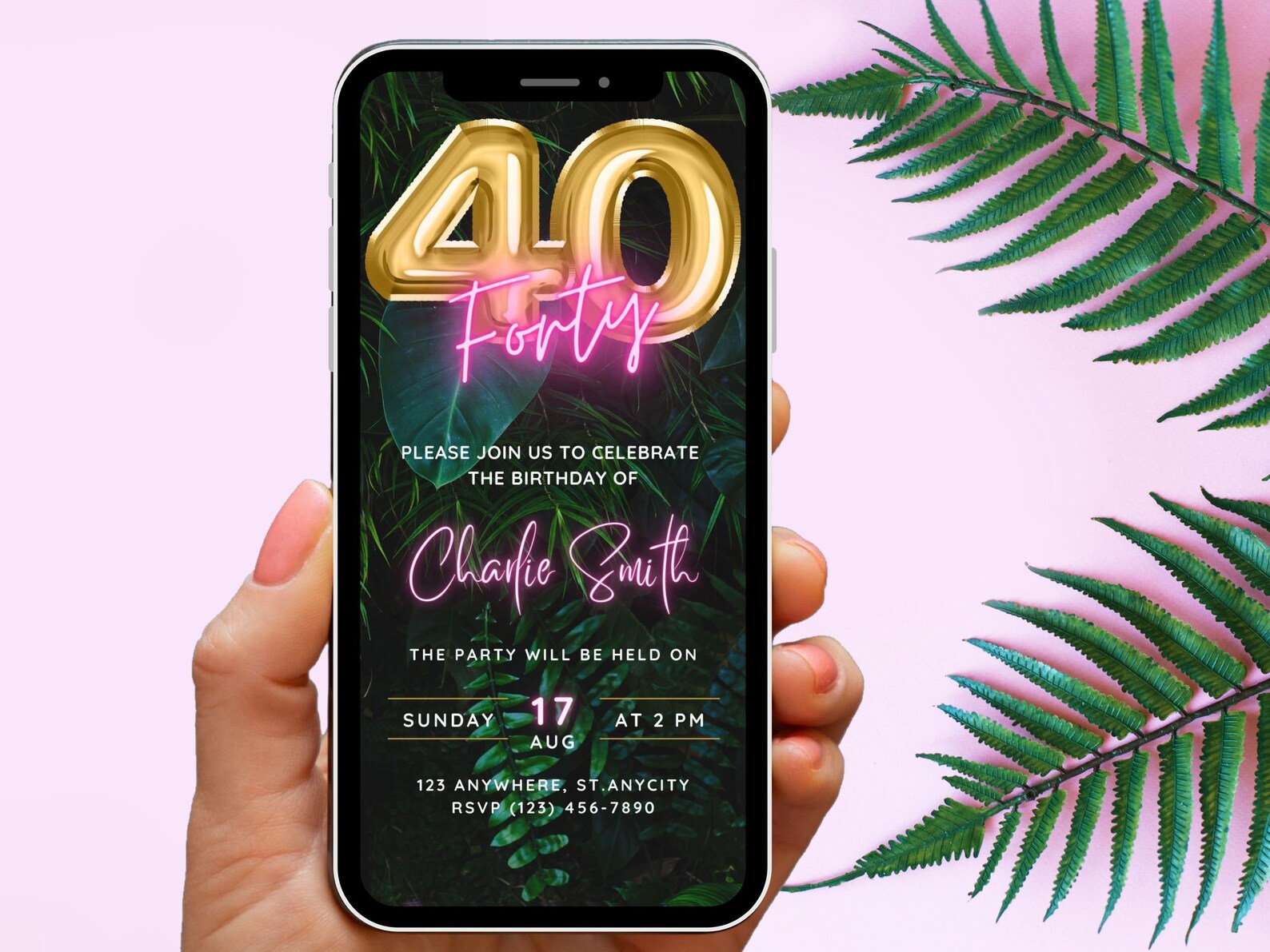 Invite Theme Digital 40th Birthday Party Invitation Template, Neon Pink Tropical ...