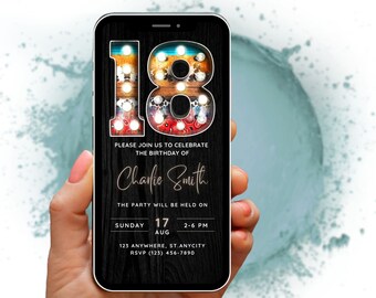Digital inbjudan till 18-årsfest för pojkar, inbjudan till markeringsnummer, inbjudan till telefon-sms, tonårsinbjudan, redigerbar mall, Evite