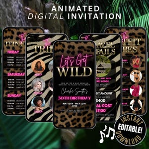 Digital Girls Bachelorette Weekend Trip Invitation Animated, Lets Get Wild Leopard Cheetah Zebra Print Birthday Vacation Itinerary Invite,
