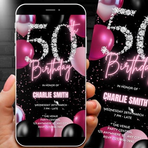 May include: A black and pink digital invitation for a 50th birthday party. The invitation features a large number 50 with sparkling diamonds, pink balloons, and the text "50th Birthday" in neon pink. The invitation includes the name Charlie Smith, the date and time of the party, the location, and RSVP information.
