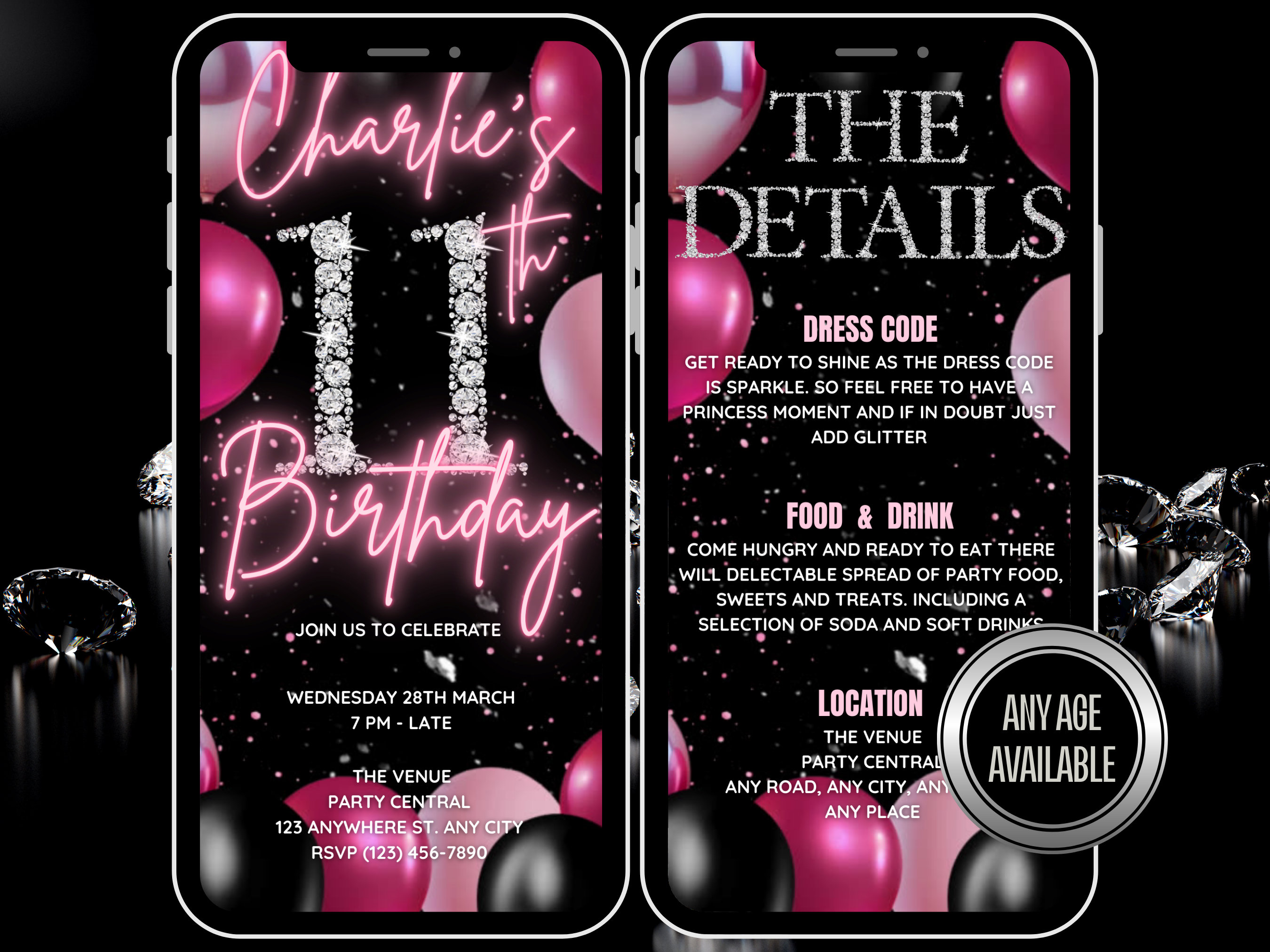 Invito di compleanno modificabile in nero e rosa per donne, invito per festa di compleanno stampabile in nero, modello di invito con testo elegante con palloncini - Italia