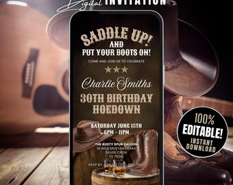 Invito animato per festa di compleanno Western Hoedown, invito "Salta in sella e mettiti gli stivali", invito Cowboy, modello Canva Rodeo digitale fai da te
