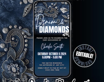 Digital Denim & Diamonds Invitation, Self Edit Animated Jeans and Bling Celebration Event, Denim Pearls Birthday Dinner Party Invite Video