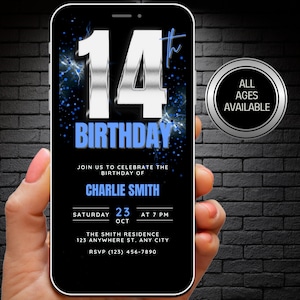 Jongens 14e verjaardagsuitnodiging, geanimeerde zilveren blauwe 14 verjaardagsfeestje uitnodigen, bewerkbare digitale Canva sjabloon veertien Bday eenvoudige Evite