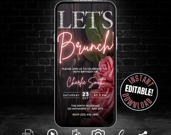 Digitale Let's Brunch-Einladungsvorlage, Geburtstags-Brunch-Einladung animiert, Mimosa-Brunch-Party-Rosa-Blumen-Geburtstags-Feier laden Telefon ein