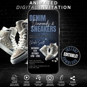 Digital Denim Diamonds & Sneakers Party einladen Vorlage animiert, Selbst bearbeiten Sneaker Ball Einladung Video, Jeans-Party-Einladung für das Telefon