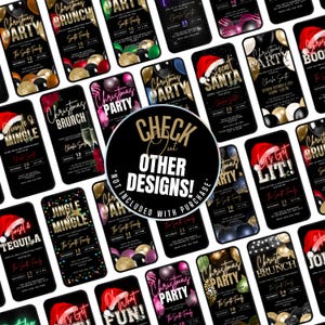 Pu&ograve; includere: Un collage di mockup di schermate di telefoni digitali con vari design di inviti a feste di Natale. I design presentano colori festivi, glitter e testo come "Christmas Party", "Jingle & Mingle" e "Secret Santa".
