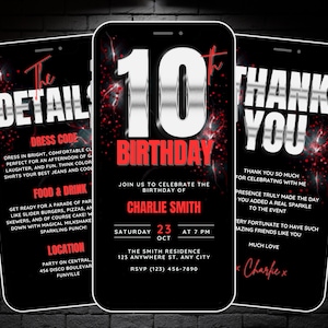 Faire-part 10 ans pour garçon, argent, rouge noir, 10 ans d'invitation vidéo d'anniversaire, numérique modifiable 10e anniversaire de fête avec détails, carte électronique