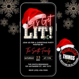 Invito digitale per la festa di Natale "Lets Get Lit" in rosso neon, modello di invito video per aperitivi natalizi auto-modificabile, volantino natalizio animato in formato elettronico